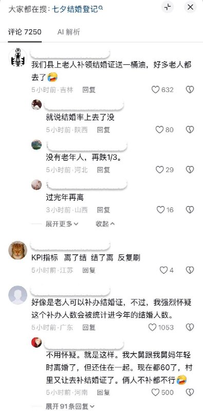 “结婚数据保住了”8月19日七夕节当天，某地网友发视频称，结婚登记大厅全是老人在登记结婚