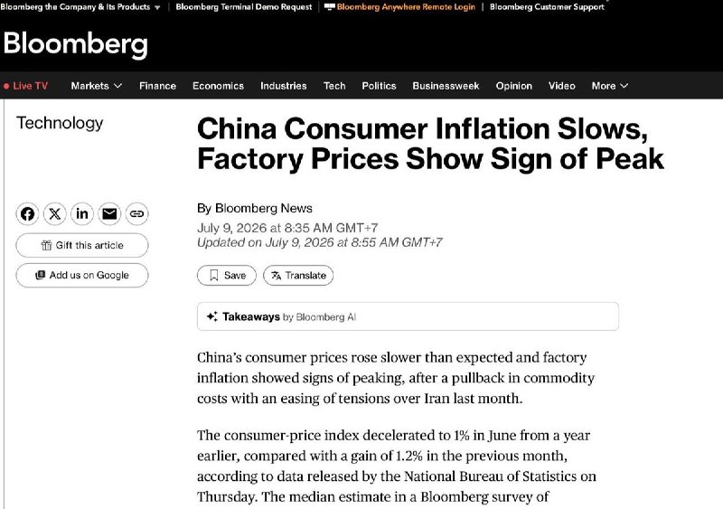 中国经济仍处于通缩7月9日，据彭博社报道，中国6月CPI同比上涨1%，低于预期的1.1%，较上月1.2%继续放缓；核心CPI降至1%，为今年1月以来最低