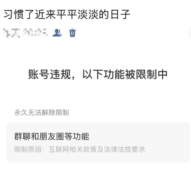 习近平新讳称：“习惯了近来平平淡淡的日子”10月21日，大量网友晒出因在朋友圈发布了一句“习惯了近来平平淡淡的日子”、而被限制朋友圈功能的截图