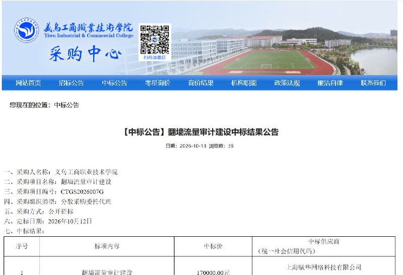 义乌一高校17万元采购“翻墙审计”系统，要求按账号查记录、生成“人员画像”10月13日，义乌工商职业技术学院公布“翻墙流量审计建设”项目中标结果，中标价17万元