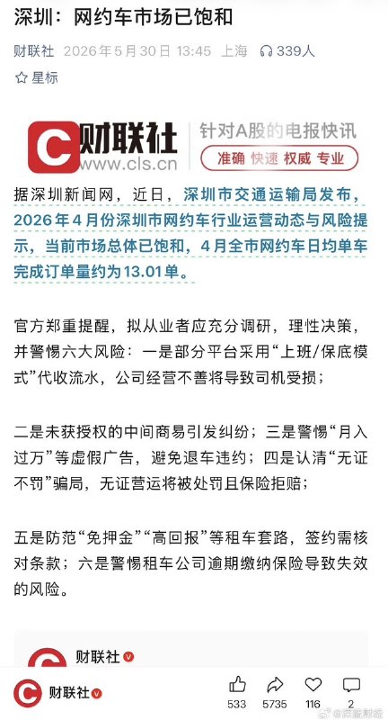 “深圳：网约车市场已饱和”近日，深圳市交通运输局官网发布 2026 年 4 月份深圳市网约车行业运营动态与风险提示
