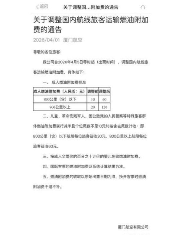 国内机票燃油附加费将于4月5日起大幅上调近日，多家航空公司发布公告称，自2026年4月5日零时起，国内航线旅客运输燃油附加费将迎来大幅上调