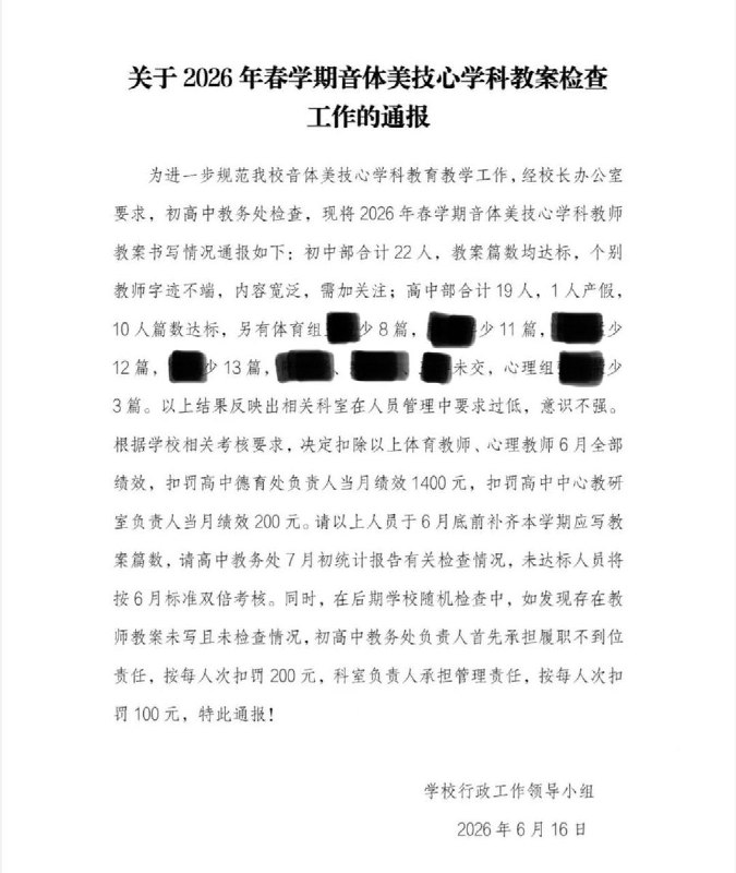 网友投稿:合肥市衡安学校长期要求音体美技心学科教师手写大量教案，此类学科教学内容多年变化不大，且教学内容多为实践类或多媒体授课，每学期却需要重复抄写数十篇教案，将形式主义发挥到极致