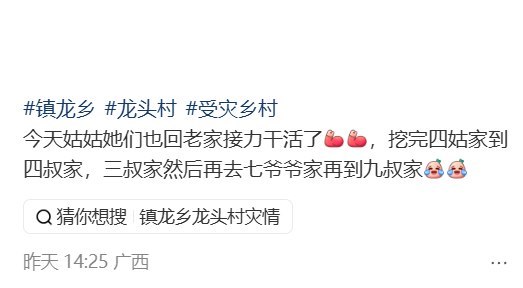 广西横州洪灾一个月后，受灾村民仍靠亲友逐户清淤8月5日，广西横州市镇龙乡龙头村一名网友发布视频称，家中亲属当天继续返回受灾老家清理淤泥，“挖完四姑家到四叔家、三叔家，然后再去七爷爷家、九叔家”