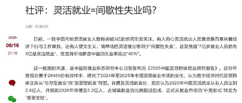 6月16日，《环球时报》发表社评《灵活就业=间歇性失业吗？》文章称，把灵活就业等同于“间歇性失业”，甚至据此推断中国失业率高达“40%”，是“危言耸听”