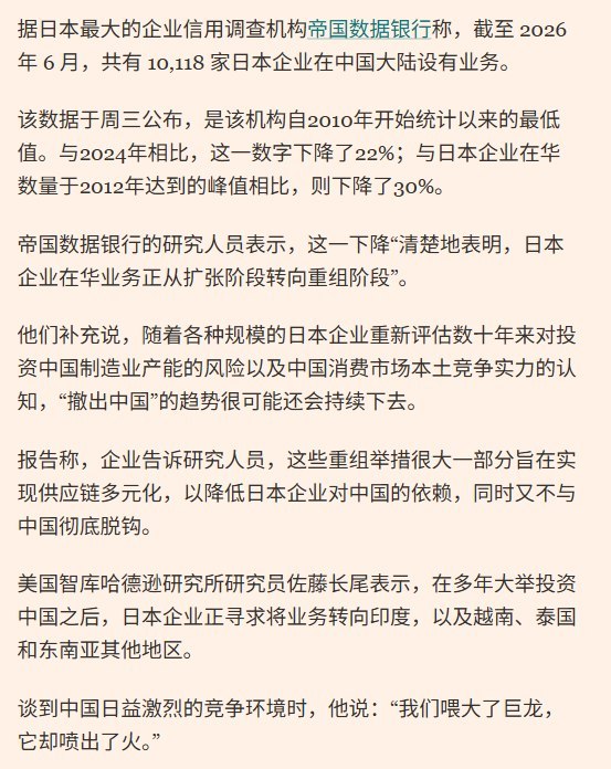 在华日企两年净减2916家，反间谍法、稀土限制被列为经营风险10月1日，《金融时报》报道，截至2026年6月，在中国大陆开展业务的日本企业降至10118家，较2024年净减少2916家、降幅22.4%，创2010年有统计以来最低水平，较2012年峰值减少近三成
