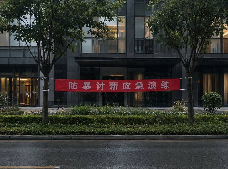 8月30日，上海，网友拍摄到某处悬挂的“防暴讨薪应急演练”横幅
