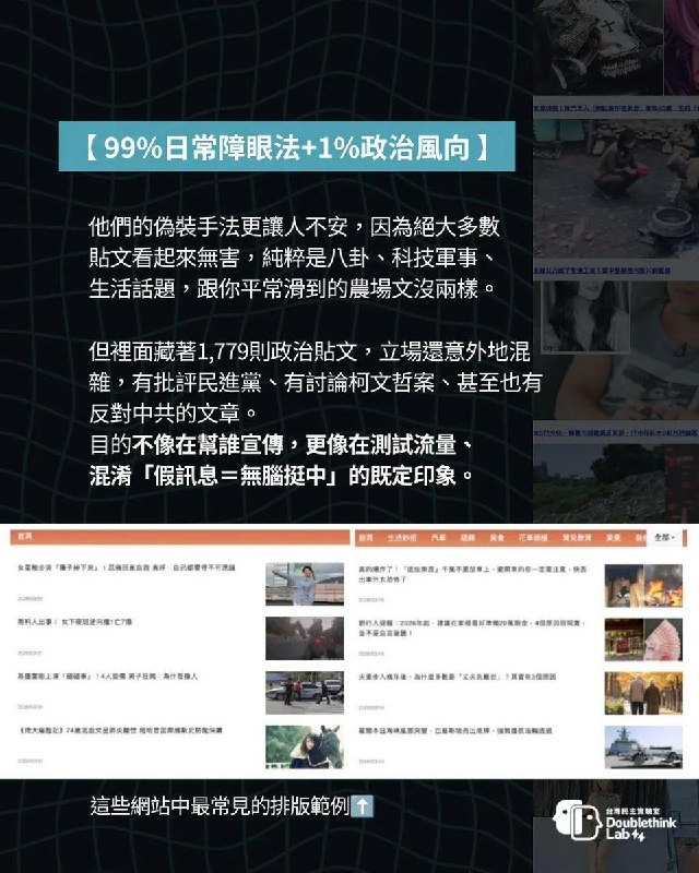 台湾曝光中国AI网军近日有网友分享AI网军如何入侵threads平台，其来源为台湾民主实验室（Doublethink Lab）2026年4月发布的关于”无边界集团”在Threads平台的虚假信息操作曝光的报告