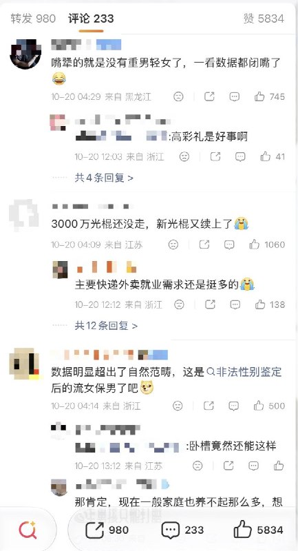 三胎男女性别比大幅抬升10月20日，格隆汇发布中国31省（市）分孩次性别比数据