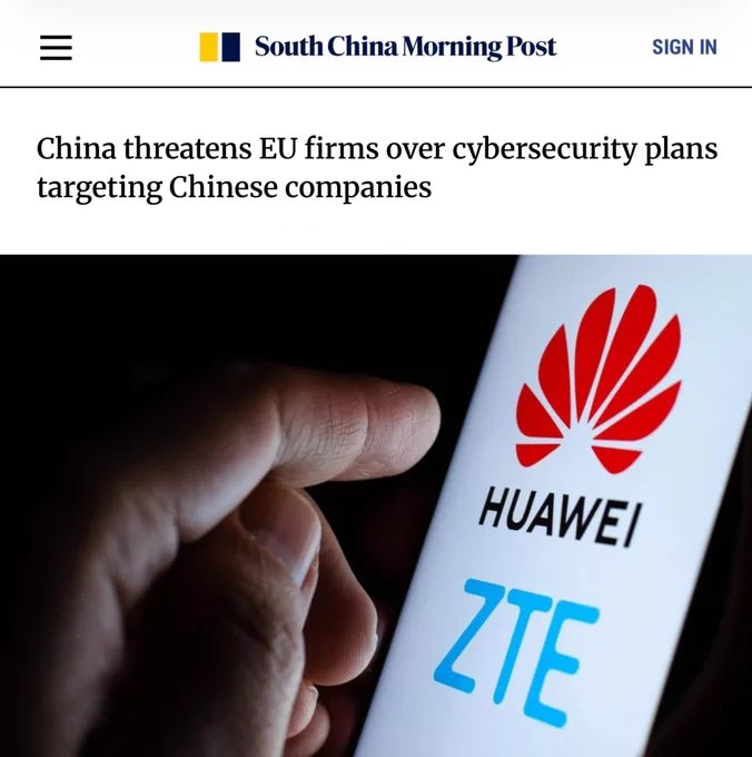 4月20日，据南华早报报道，中方就欧盟拟议中的网络安全法规表达关切，表示若相关措施将华为、中兴通讯等企业列为“高风险供应商”并强制淘汰其设备，中方可能对欧盟企业采取对等措施