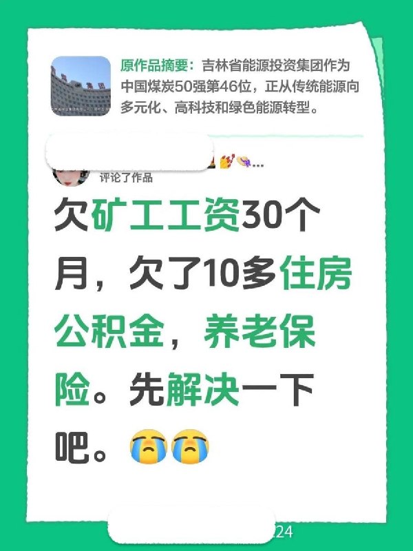 8月10日，吉林省能源投资集团旗下辽源矿业金宝屯煤矿、龙家堡煤矿等矿井的数百名在职及退休工人前往吉能集团总部进行集体维权，工人长期被拖欠工资和社保，有的在社交媒体上表示已经拖欠了几十个月，生活困难