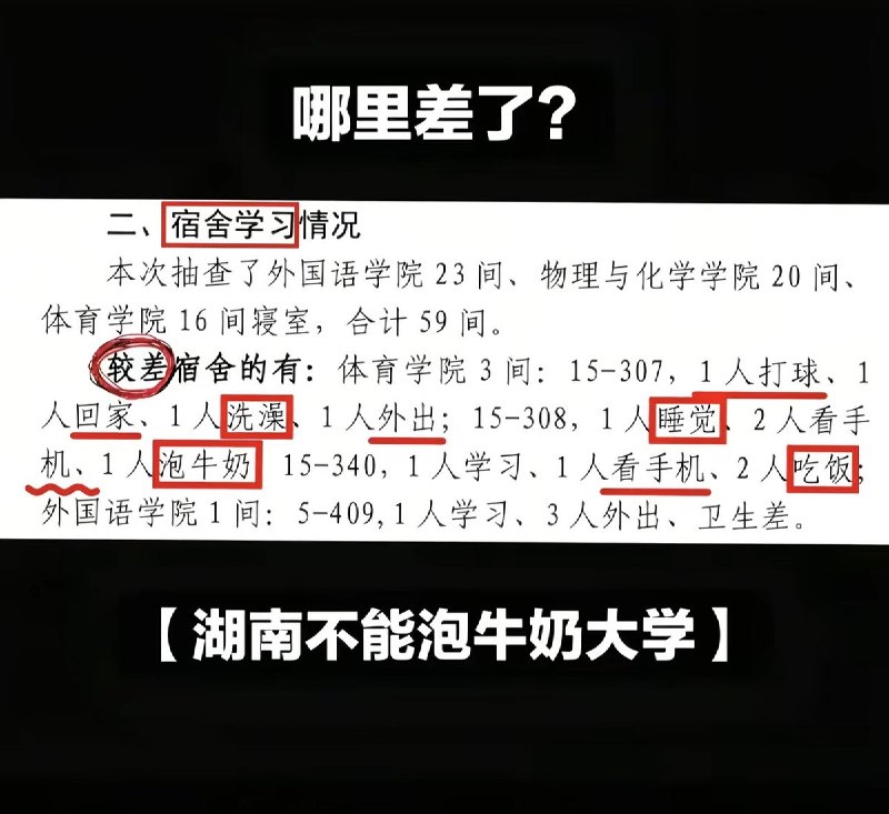 4月18日，有网友曝光湖南大学体育学院，有学生在宿舍里洗澡、睡觉、吃饭、泡牛奶、看手机、被学校通报处分