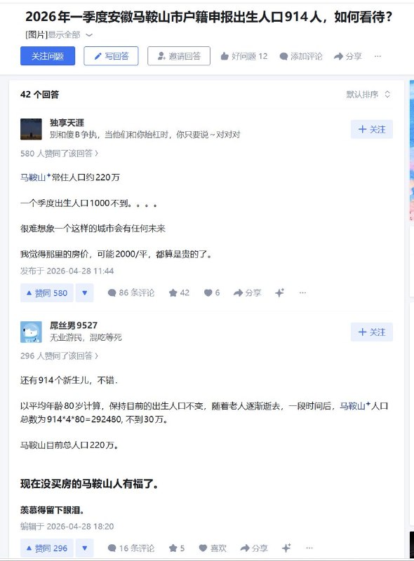 安徽马鞍山常住人口约220万，今年1季度该市户籍申报出生人口914人