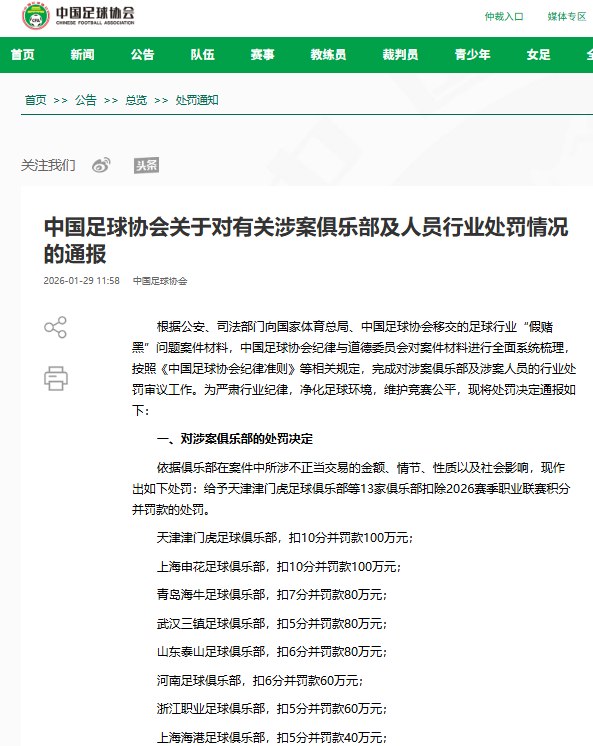 1月29日，足协中国足协通报行业处罚：13家俱乐部扣分罚款，73人终身禁足通报指出，依据涉案俱乐部在案件中涉及不正当交易的金额、情节、性质及社会影响，中国足协纪律与道德委员会对13家涉案职业足球俱乐部作出行业处罚决定：在2026赛季职业联赛中扣除积分并处以罚款