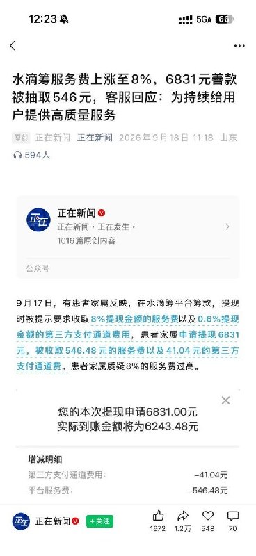水滴筹服务费涨价9月18日，据《正在新闻》报道，一名患者家属在水滴筹申请提现6831元时，页面显示需扣除546.48元平台服务费及41.04元第三方支付通道费，合计587.52元，预计到账6243.48元