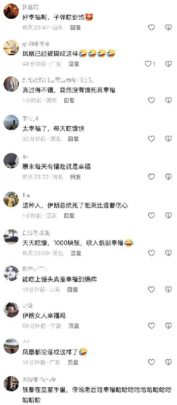 “你幸福吗？一块钱买好几个馕饼吃一天”3月8日，凤凰网发布了一段对一名从伊朗归国男子的采访
