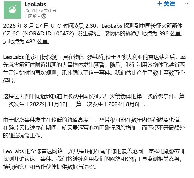 中国卫星、火箭体接连被报告在轨碎裂9月4日，天文学家乔纳森·麦克道威尔披露，中国遥感五十号02星发生在轨碎裂，美国太空军已将43块相关碎片编入目录，碎片轨道高度约为600至1100公里