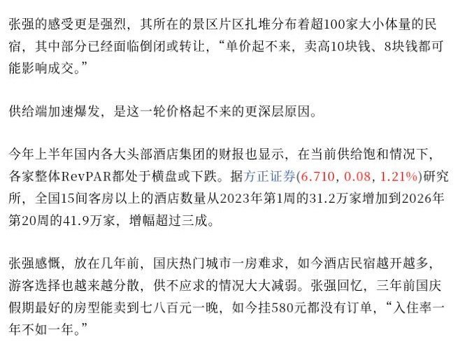 民宿老板称国庆降价仍难接单，济南餐企婚宴桌数、餐标缩水10月1日，时代财经报道，江苏某景区民宿经营者张强（化名）称，三年前国庆最好的房型能卖七八百元一晚，如今挂580元仍没有订单