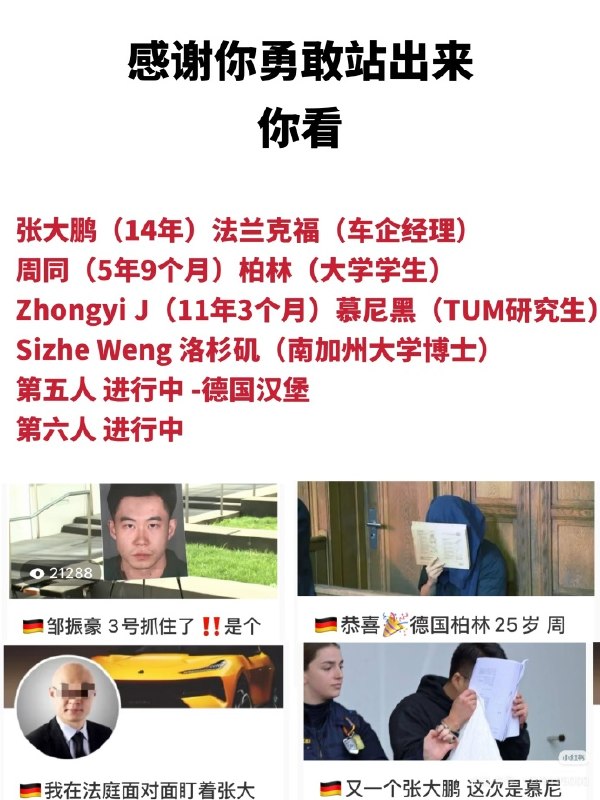 ip德国的女孩扒出的以张大鹏为首的强奸犯罪集团中每个男性罪犯的照片/中文名以及维基百科中对“德国老司机驾校” Telegram群组大规模迷奸案的介绍、和每个强奸犯的案件介绍：查看原文📝 引用推文:近日，小红书上一位在德国生活的博主，利用领英扒出了以张大鹏为首的强奸犯罪集团中的每名男性罪犯的照片/中文名