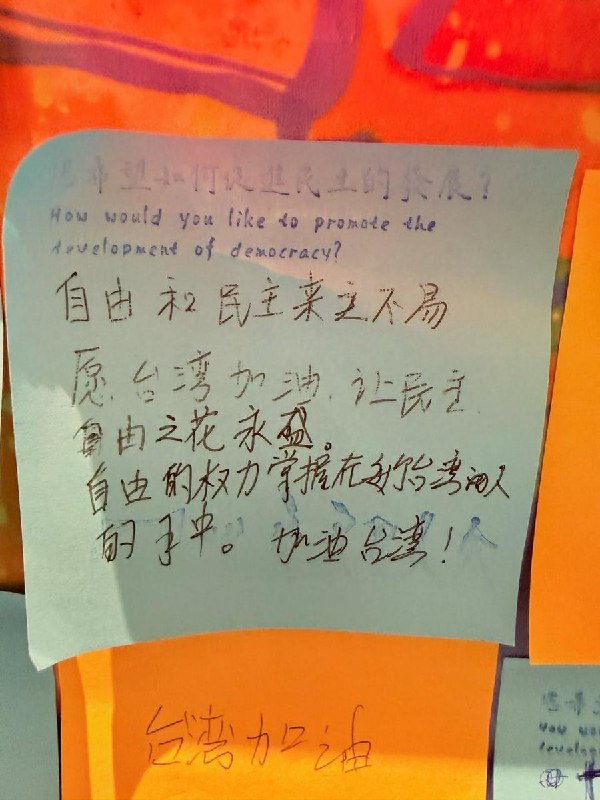 “自由与民主，万世都不朽”近日，有网友晒出台北中正纪念堂“自由花蕊”展览的一些简中游客的留言