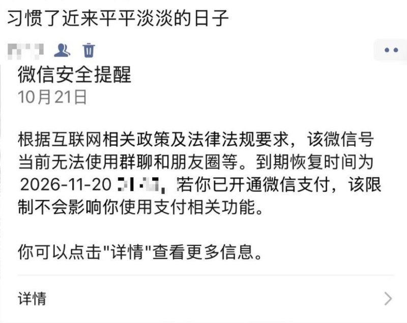 习近平新讳称：“习惯了近来平平淡淡的日子”10月21日，大量网友晒出因在朋友圈发布了一句“习惯了近来平平淡淡的日子”、而被限制朋友圈功能的截图