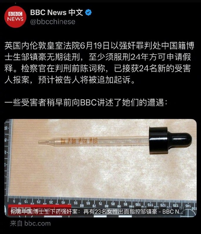 “德国老司机驾校” Telegram群组大规模迷奸案后续：9月7日，BBC报道：已被判终身监禁的连环强奸犯邹镇豪，因又有7名女性相关新指控被提交检方，可能面临追加起诉