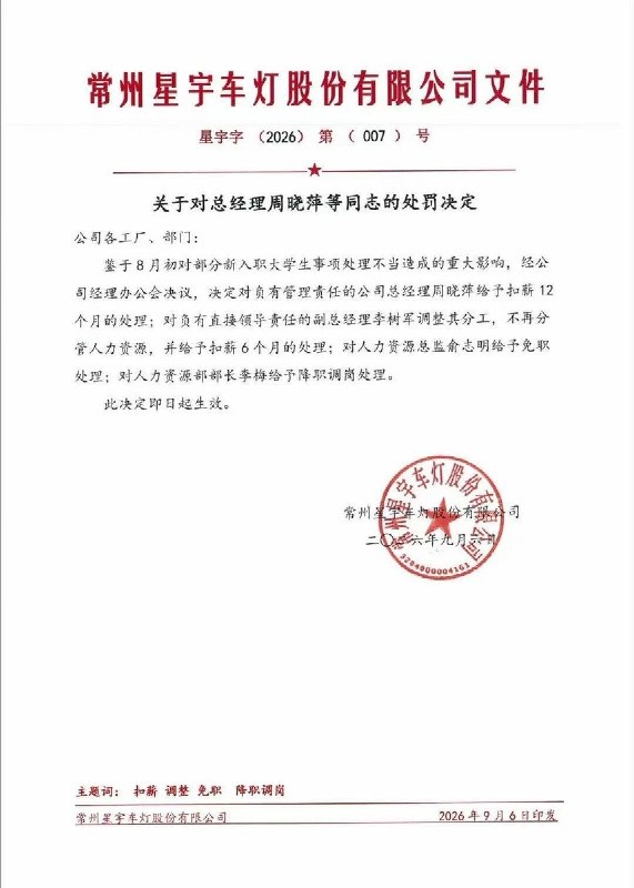9月6日，一份星宇股份内部通报截图显示，因8月初对部分新入职大学生相关事项处理不当，总经理周晓萍被扣薪12个月