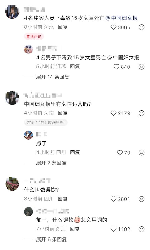“武大郎生病过量饮用，当场身亡！”4月23日，中国妇女报 在报道 「 4名男子 在酒吧使用合成毒品蓄意下毒、谋害未成年人、致15岁女童死亡」 这一事件时将其表述为「15岁少女凌晨误饮饮品致死」