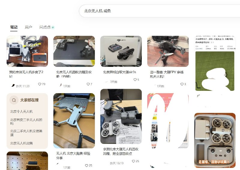 “北京大抛售”9月17日，在小红书和闲鱼搜索“北京无人机”，页面已集中出现“北京大抛售”“飞不了”“北京不让持有无人机了”“忍痛出”“回收流程”等内容