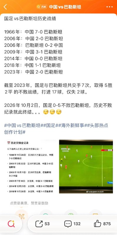 10月2日，在重庆举行的CFA中国之队·国际足球邀请赛中，中国男足0比5不敌巴勒斯坦队，遭遇热身赛两连败