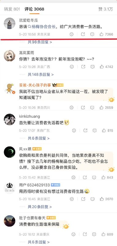 近日，媒体曝光福建当地的杨梅商贩，用“甜度为蔗糖8000倍”的复合甜味剂，以及国家明令禁止用于水果的防腐剂——氢乙酸钠 来浸泡杨梅，工人们自己都不敢吃