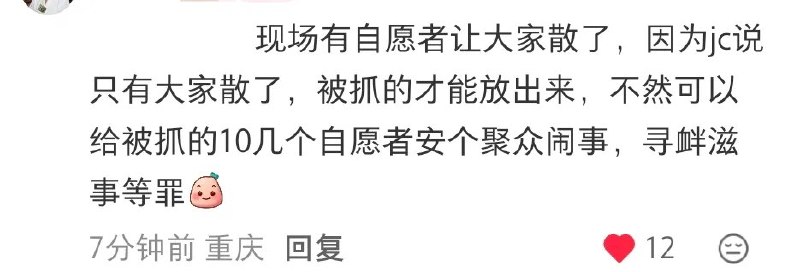 有网友称，在重庆抗议现场，有人劝大家散开，表示警方称“只有大家散了，被抓的才能放出来”，否则可能会给被抓的十几名志愿者安上“聚众闹事”“寻衅滋事”等罪名