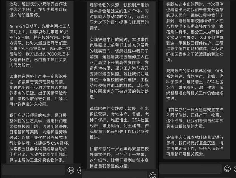 网友投稿：近日，四川美术学院作为疗愈动物饲养的鸡和鹅被农民工偷走吃掉