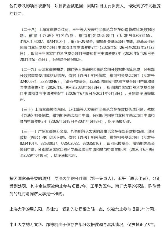 国家基金委新通报处理了“科研不端和违规行为”，“学术纪委”耿同学点名的同济、中山、南开与上大四位杰青“榜上有名”8月28日，国家自然科学基金委员会监督委员会发出“案件通报（2026年第2批）”，对31起科研不端和违规行为进行了处理