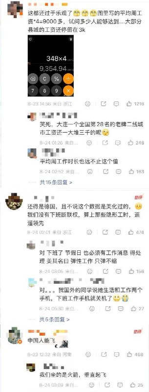 “中国人能飞”8月23日，一张《2022年经合组织国家的平均每周工作时间 vs 每周平均薪水》的对比图引发微博网友热议
