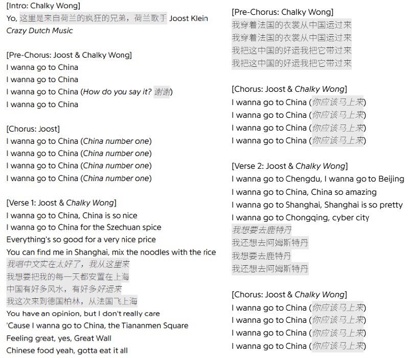 疑似大外宣神曲翻车成反讽近期在中国短视频平台爆红的网络神曲《I wanna go to China》源于荷兰歌手Joost Klein跟华人歌手Chalky Wong合作的同名饶舌歌曲