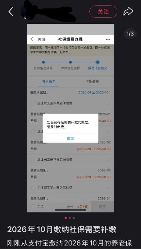 合肥网友缴养老保险遇补差，称“不补也不行”10月8日，一名在合肥缴纳灵活就业社保的小红书网友发帖称，自己通过支付宝缴纳10月养老保险时，系统弹出补缴提示，列出今年1月等月份的差额账单，可见月份每月需补8.60元