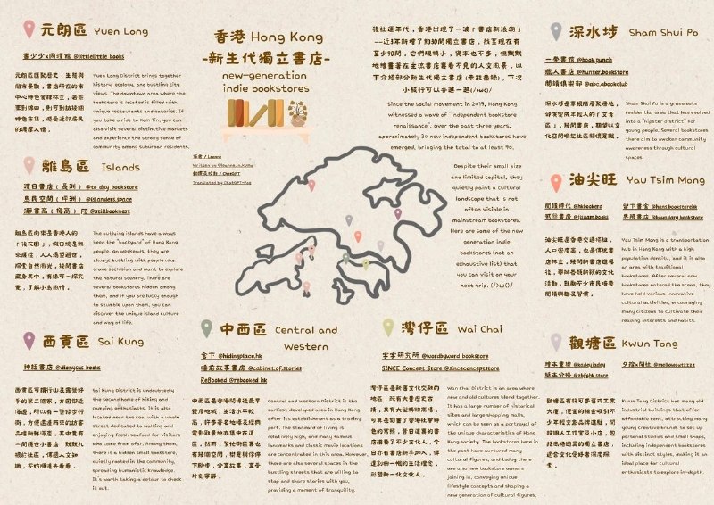 【香港独立书店】三年前是书店地图，三年后成了国安办案地图有香港网友翻出一张2023年的“香港新生代独立书店地图”，感叹当年列出的约20家书店，如今不少已经结业
