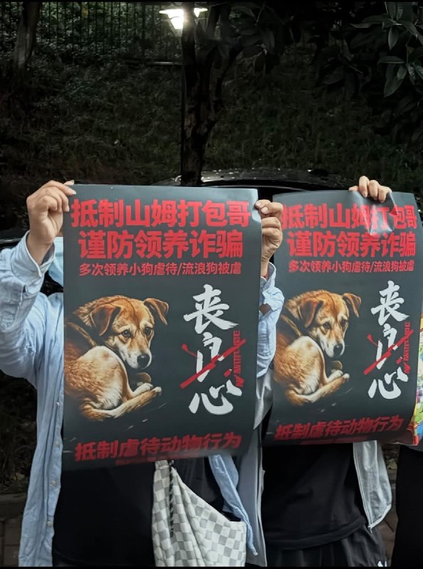6月8日晚，动物保护志愿者们 静坐、举标语，抗议 山姆打包哥虐狗，声援动物保护立法