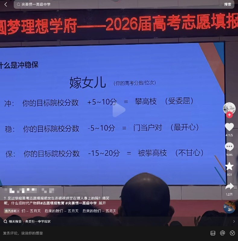 6月13日，厦门市央美恒一高级中学，高考志愿填报教育讲座把填志愿和“嫁女儿”等同类比：冲：+5~10分 = 攀高枝（受委屈）稳：-5~10分 = 门当户对（最开心）保：-15~20分 = 被攀高枝（不甘心）评论区的网友随即把同样的逻辑套用到男性身上：赘儿子冲：赘高门（受委屈）稳：门当户对（最开心）保：赘穷人（不甘心）网友还在评论区表示，“自己被学校找了”查看原文6月13日，厦门市央美恒一高级中学，高考志愿填报教育讲座把填志愿和“嫁女儿”等同类比：冲：+5~10分 = 攀高枝（受委屈）稳：-5~10分 = 门当户对（最开心）保：-15~20分 = 被攀高枝（不甘心）评论区的网友随即把同样的逻辑套用到男性身上：赘儿子冲：赘高门（受委屈）稳：门当户对（最开心）保：赘穷人（不甘心）网友还在评论区表示，“自己被学校找了”查看原文