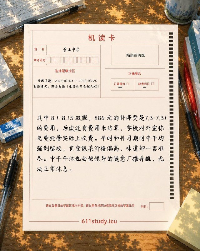 RT @611Study: 营山中学暑假违规收费补课，学校对外宣称免费托管，实际仍向学生收费！补课期间强制中午留校，食堂价格偏高且饭菜质量较差，午休还经常被广播打断，无法正常休息！查看原文