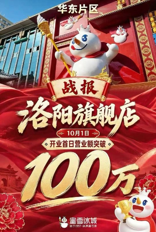 蜜雪冰城洛阳旗舰店开业首日营收破百万 兼职时薪仅12元10月4日，有网友发现蜜雪冰城洛阳旗舰店10月1日开业首日营业额突破100万元，而招聘的兼职员工时薪仅约12元