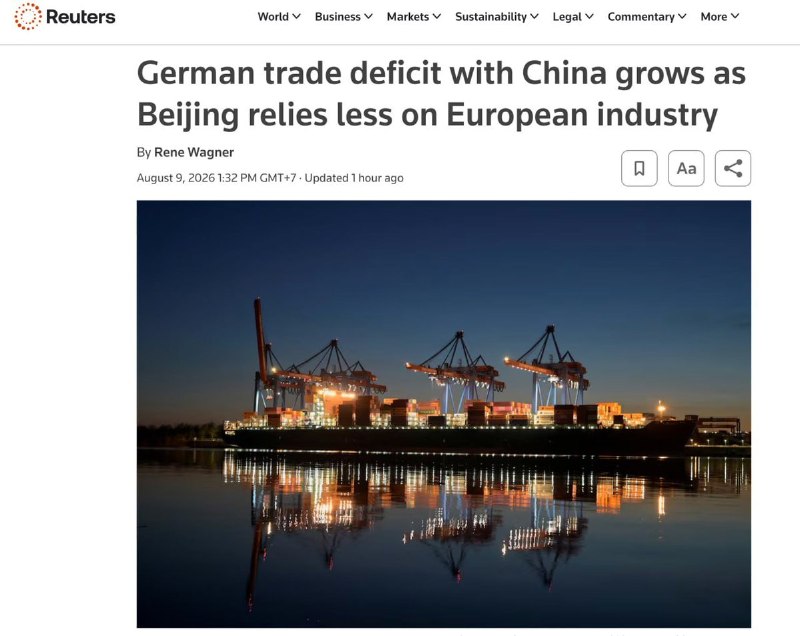中国对德出口激增而德国对华出口骤降8月9日，路透社报道，2026年上半年，德国对华贸易逆差从去年同期的400亿欧元扩大至约550亿欧元