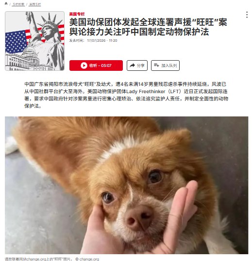 7月17日，据法广报道，广东揭阳流浪母犬“旺旺”及幼犬遭多名未成年男童虐待致死事件持续引发关注，相关讨论已从中国社交平台扩散至海外