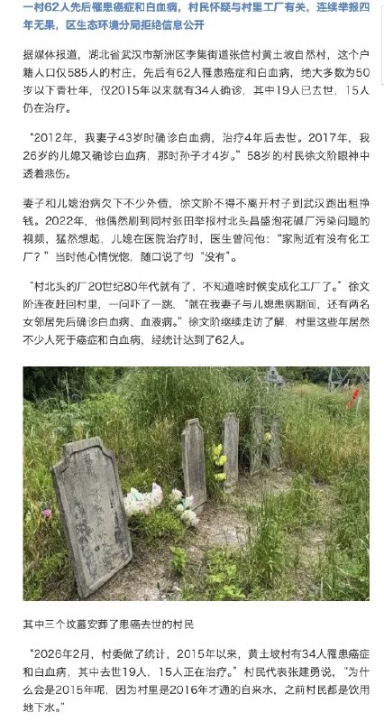 网友投稿：“武汉调查一村庄585人62人患癌”此前，媒体报道，户籍人口仅585人的黄土坡村，先后有62人罹患癌症和白血病，其中绝大多数为50岁以下青壮年