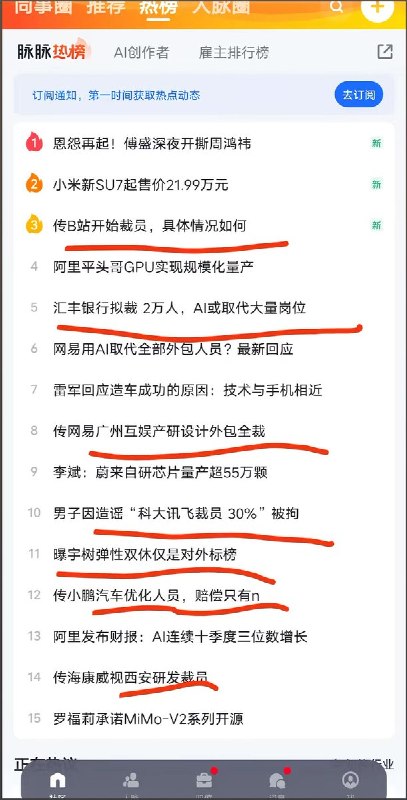 3月20日，脉脉前15热搜：B站开始裁员，具体情况如何； 汇丰银行拟裁2万人，AI或取代大量岗位；传网易广州互娱产研设计外包全裁；男子因造谣科大讯飞裁员30%被拘；传小鹏汽车优化人员，赔偿只有N；传海康威西安研发裁员