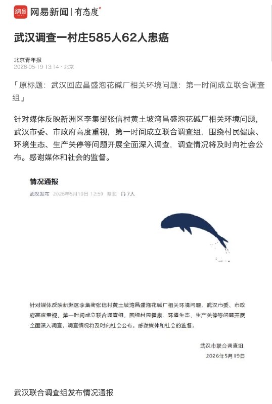 网友投稿：“武汉调查一村庄585人62人患癌”此前，媒体报道，户籍人口仅585人的黄土坡村，先后有62人罹患癌症和白血病，其中绝大多数为50岁以下青壮年