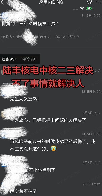 解决不了事情就解决人8月5日，中核二三陆丰核电项目员工因长期被欠薪，在数千人的钉钉大群内直接质问“他妈的二三什么时候发工资？”引发全群围观和响应