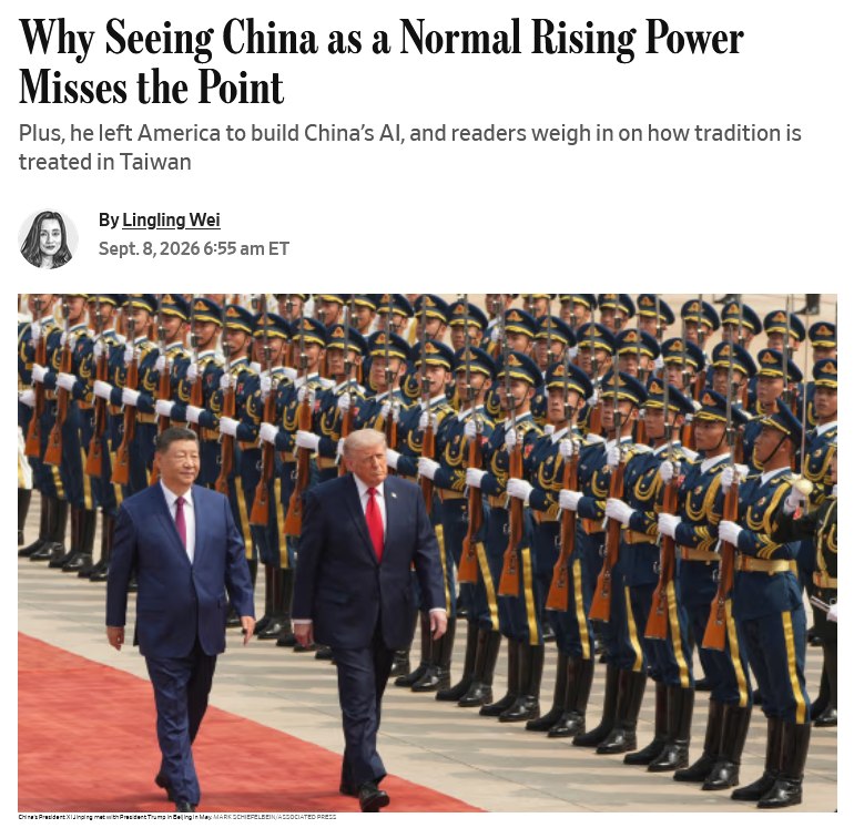 9月8日，《华尔街日报》撰文《为什么把中国视为一般的崛起型大国，是抓不住问题的关键》，该文称：习近平曾对特朗普使用“修昔底德陷阱”这一说法，本次访美期间，习近平可能再次利用这种说法