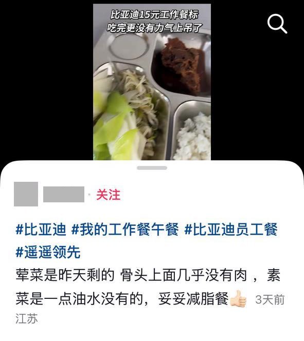 博主吐槽比亚迪“15元餐标”工作餐：“吃完更没有力气上吊了”10月11日，一名博主在抖音晒出其所称的比亚迪“15元餐标”工作餐，吐槽荤菜“骨头上面几乎没有肉”，并配字：“吃完更没有力气上吊了